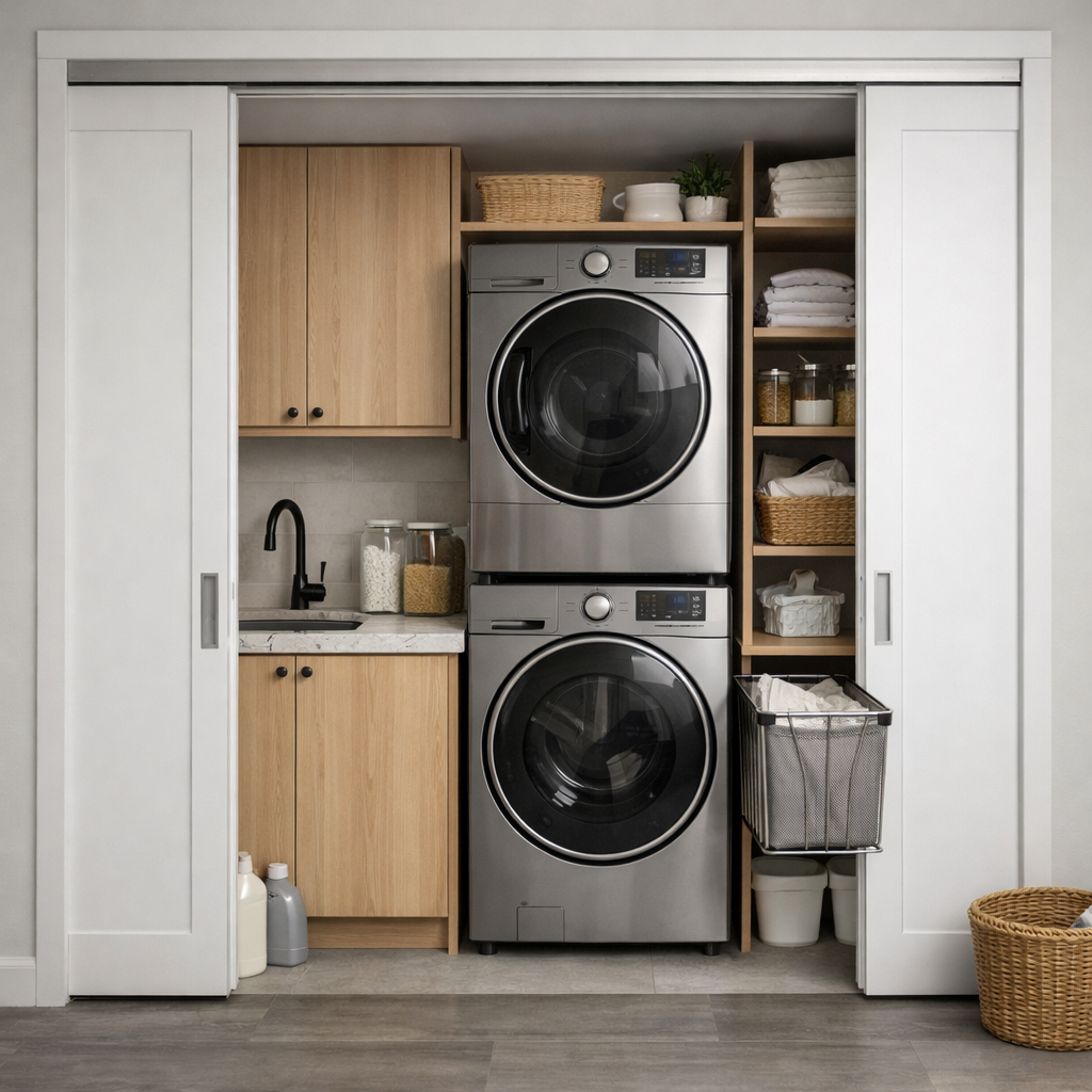 A modern small laundry room featuring stackable washer and dryer with sliding doors and organized shelves.