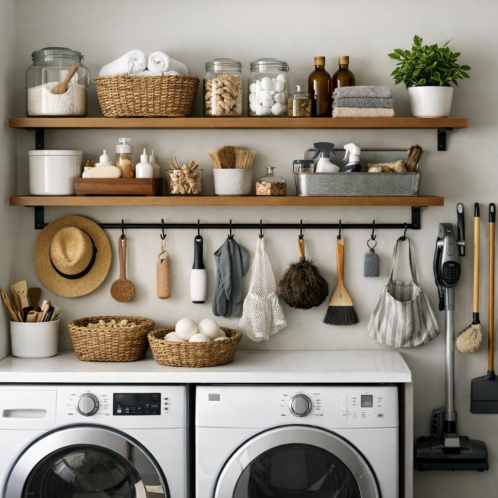 A stylish wall-mounted storage solution in a laundry room featuring shelves with jars, baskets, and hanging tools.