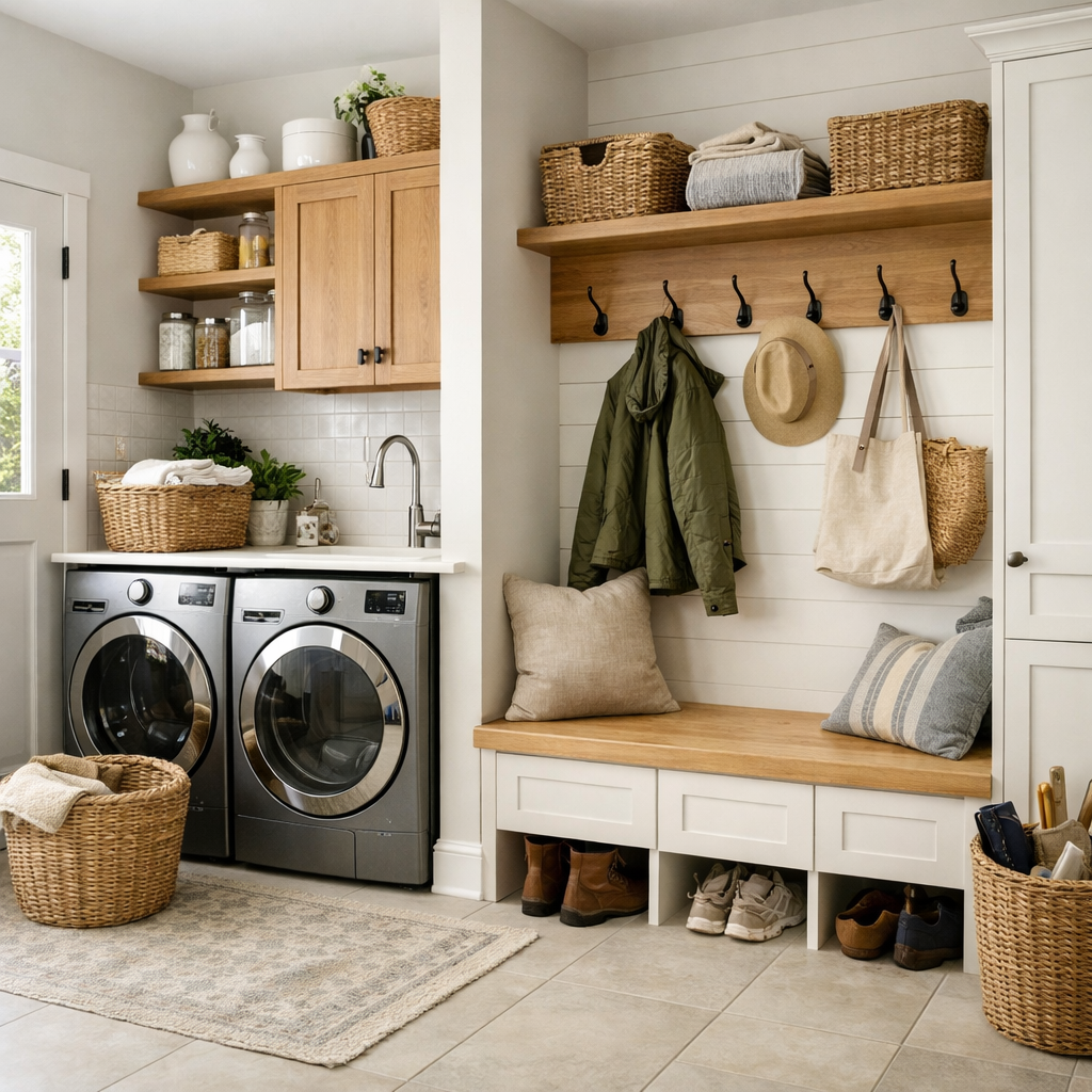 A stylish and functional laundry room with washing machines, a seating area, and storage.