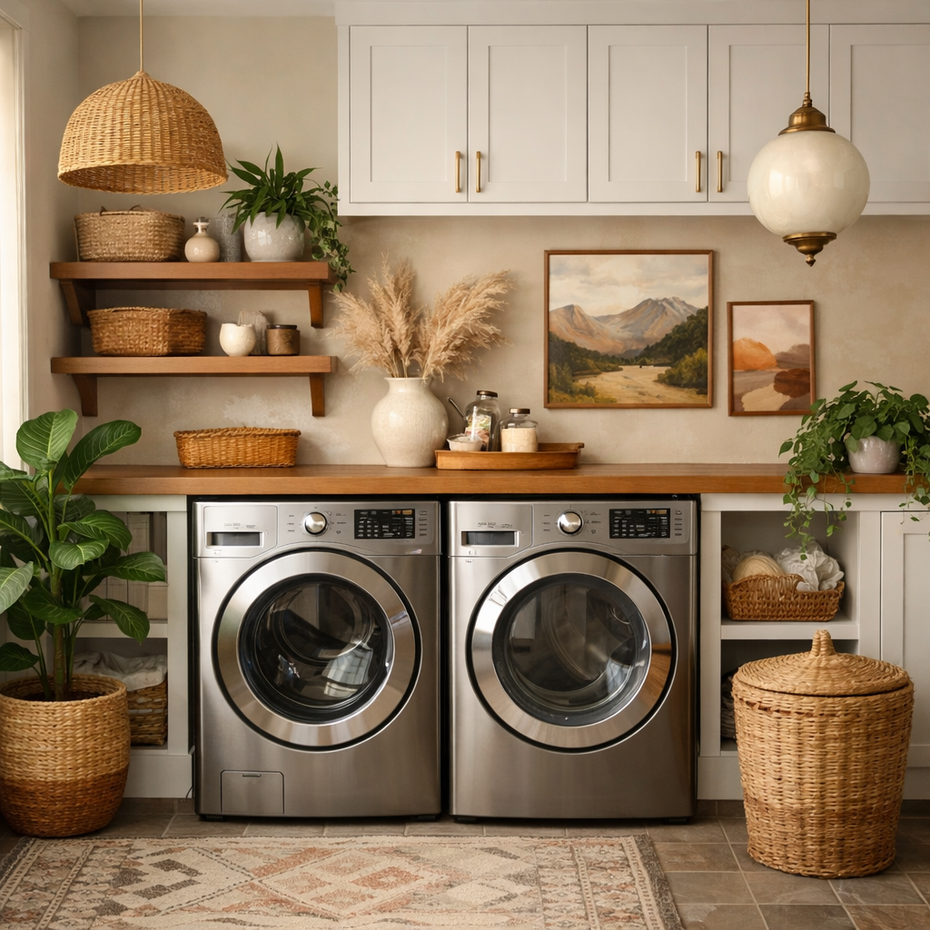 A stylish laundry room featuring modern appliances, decorative elements such as wicker baskets, plants, and artwork.