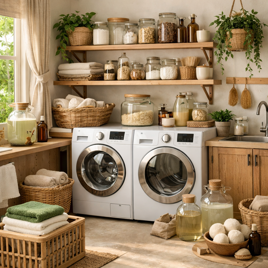 A cozy laundry room featuring modern washing machines, wooden shelves, glass jars, and a serene atmosphere.