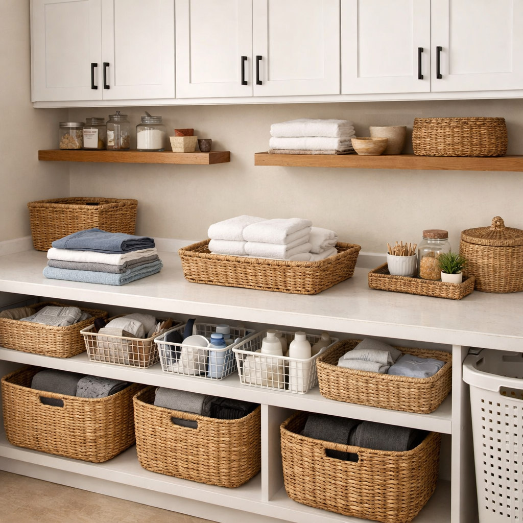 A functional and organized laundry room with woven storage baskets and neatly folded towels.