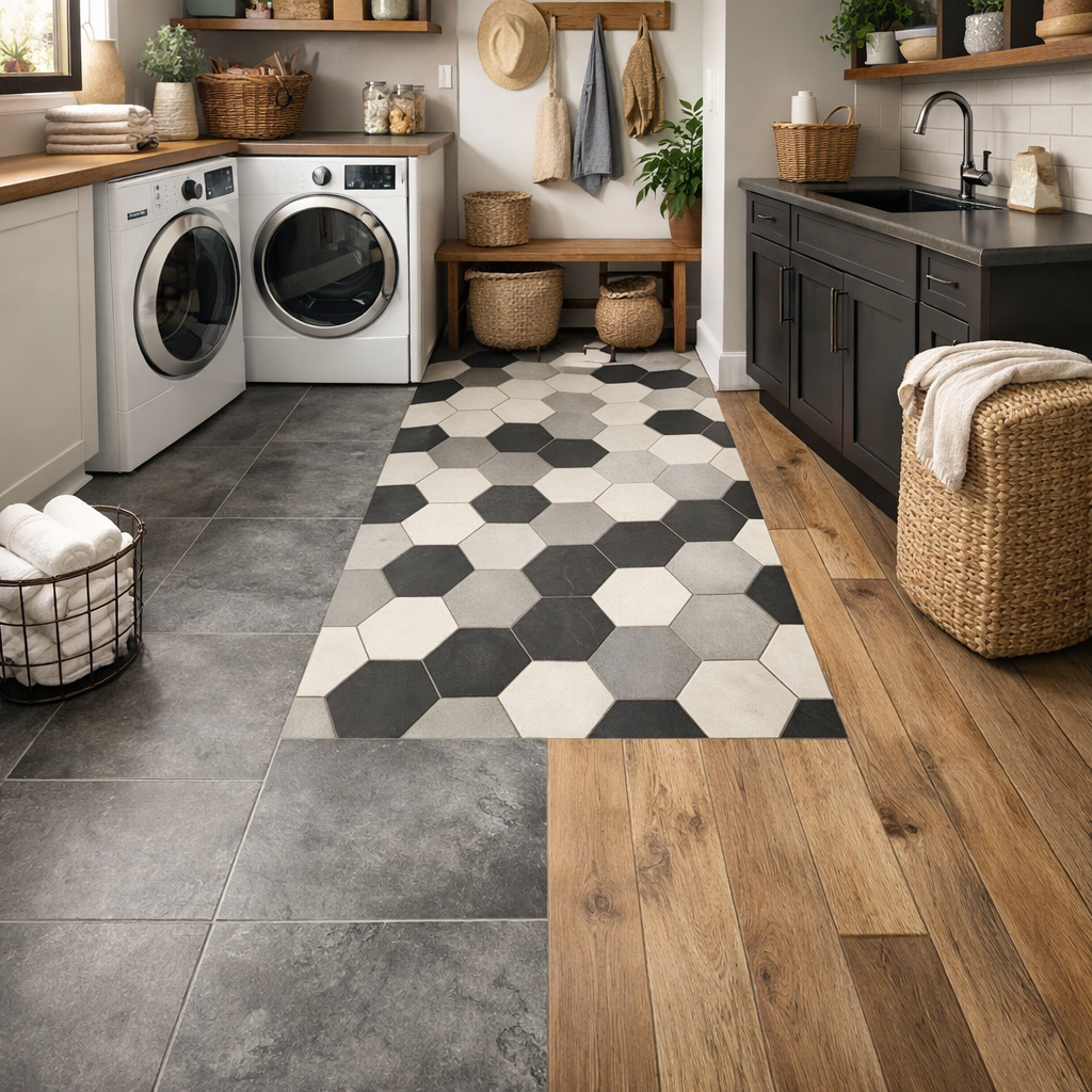 A modern laundry room featuring a mix of hexagonal tiles and wooden flooring, with machines and storage.