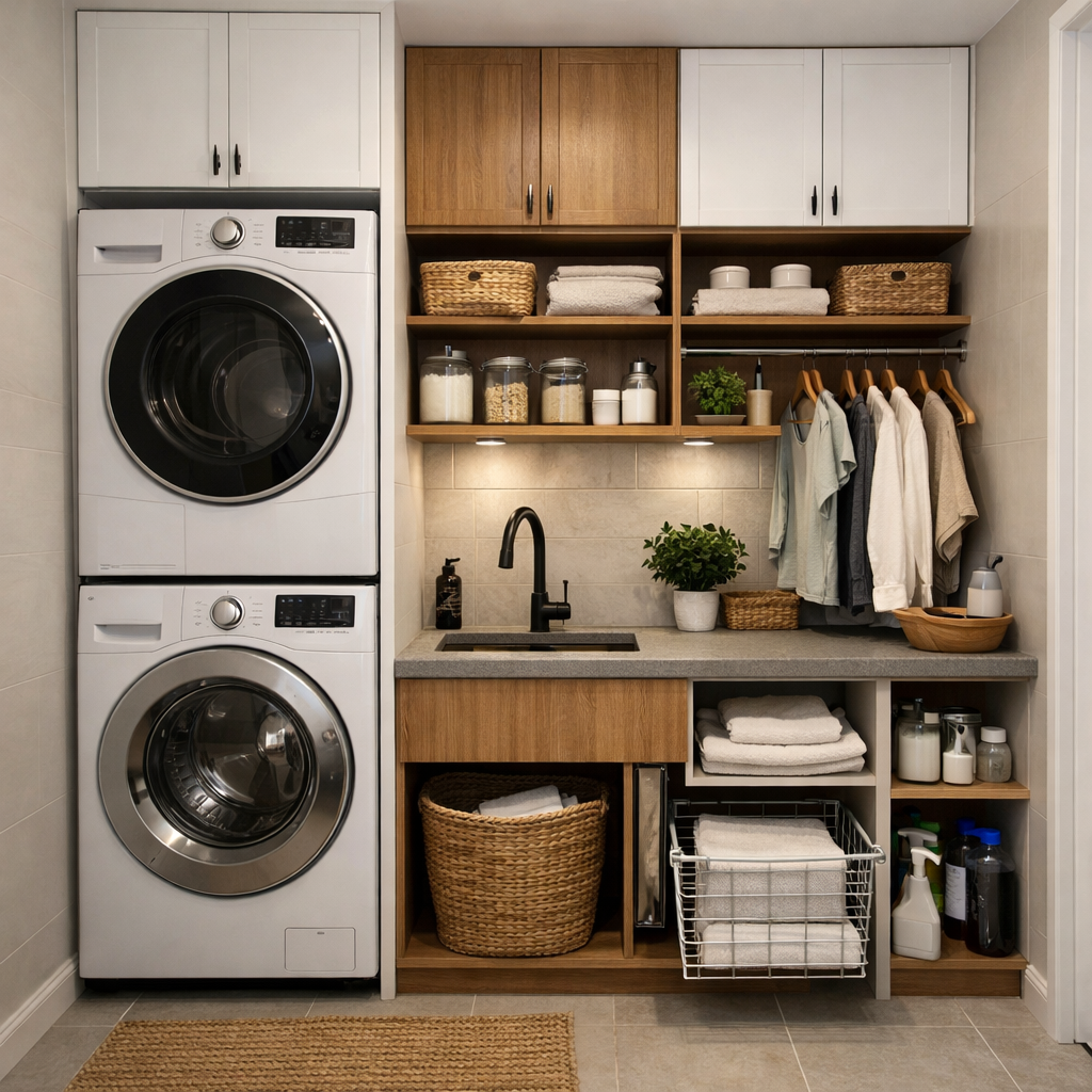 A modern laundry room designed to maximize space, featuring stacked appliances and organized storage.