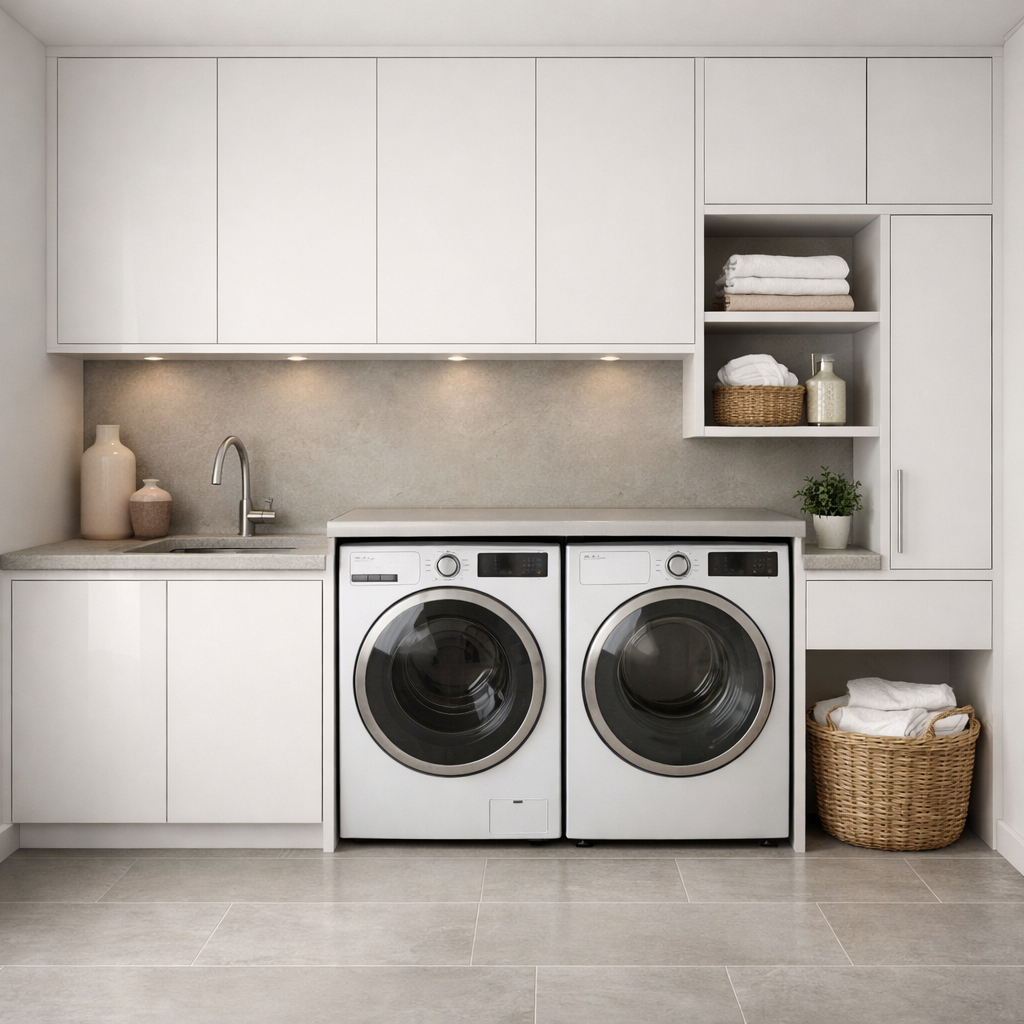 A modern laundry room featuring integrated appliances and elegant storage solutions.