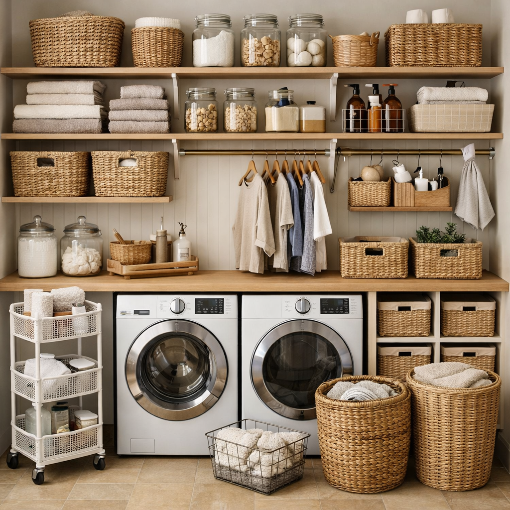 Stylish laundry room featuring organized shelves, woven baskets, and a rolling cart for storage.