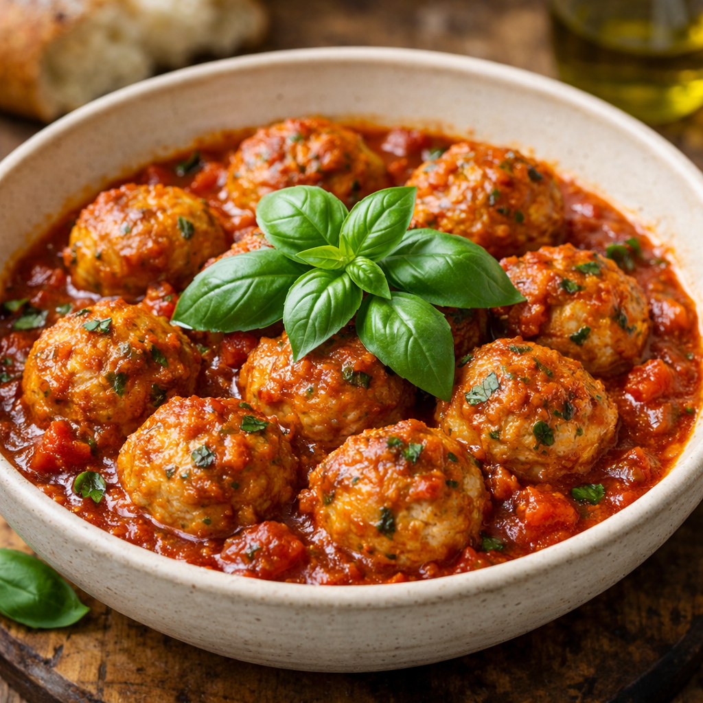 A bowl of herbed turkey meatballs in tomato sauce garnished with fresh basil leaves.