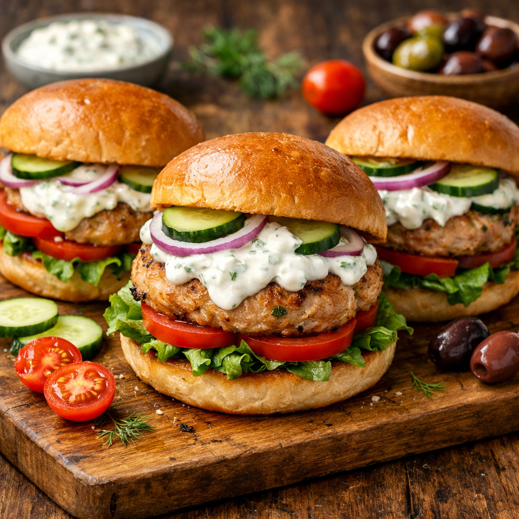 Three Mediterranean turkey burgers with tzatziki sauce served on a wooden board, garnished with fresh ingredients.