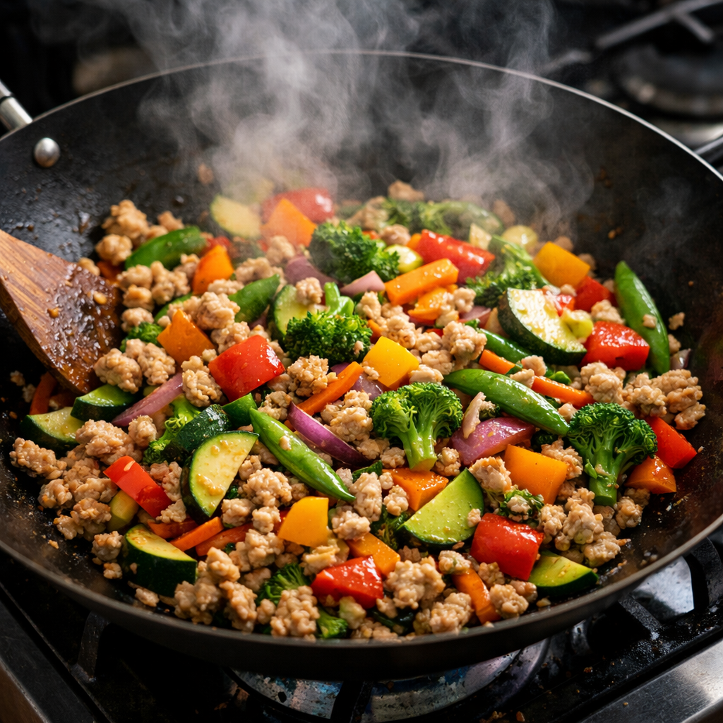 A colorful stir-fry featuring ground turkey and various vegetables cooking in a pan