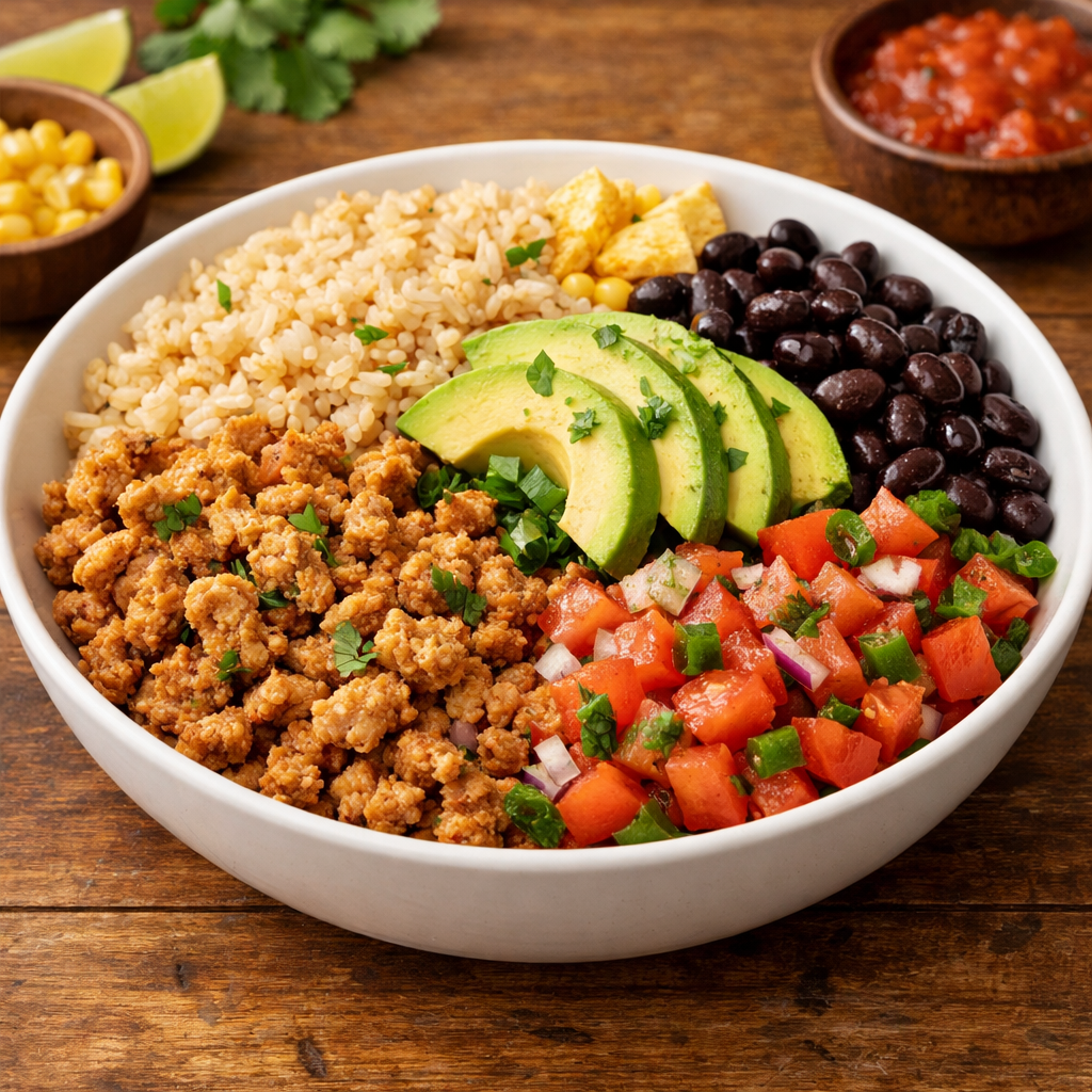 A colorful zesty turkey taco bowl with ground turkey, brown rice, black beans, avocado, and fresh salsa.
