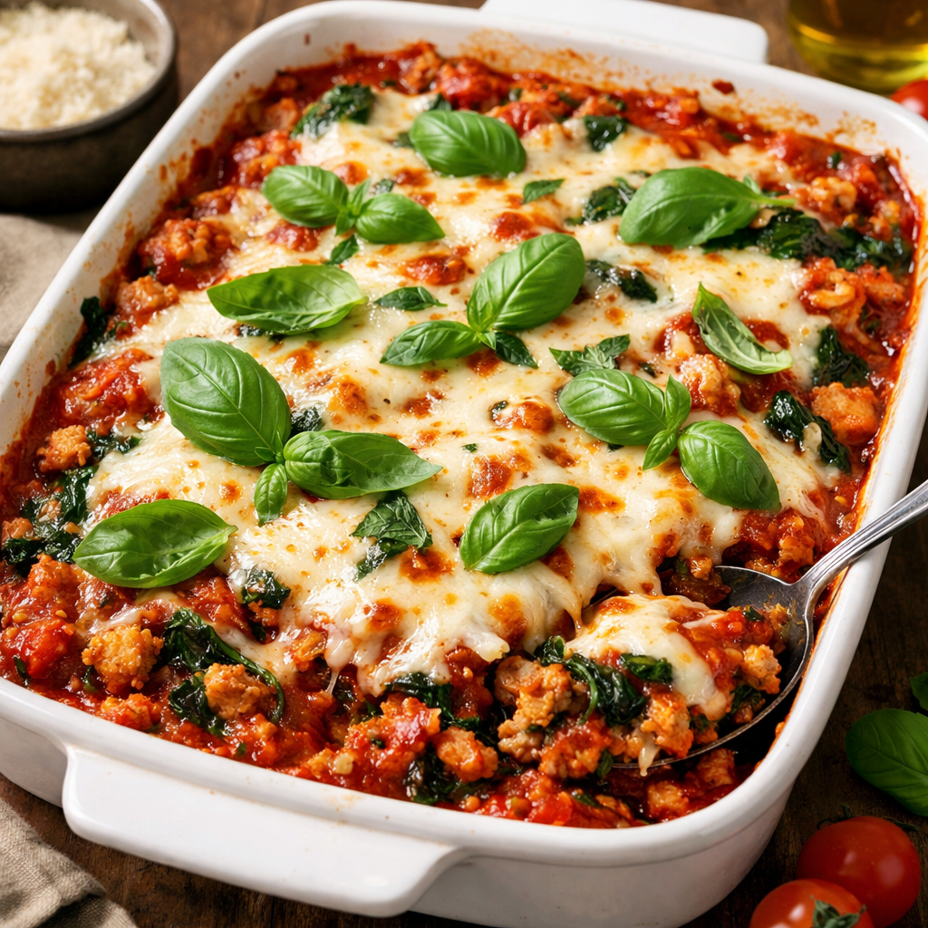 A delicious Italian turkey and spinach casserole topped with fresh basil leaves and melted cheese.