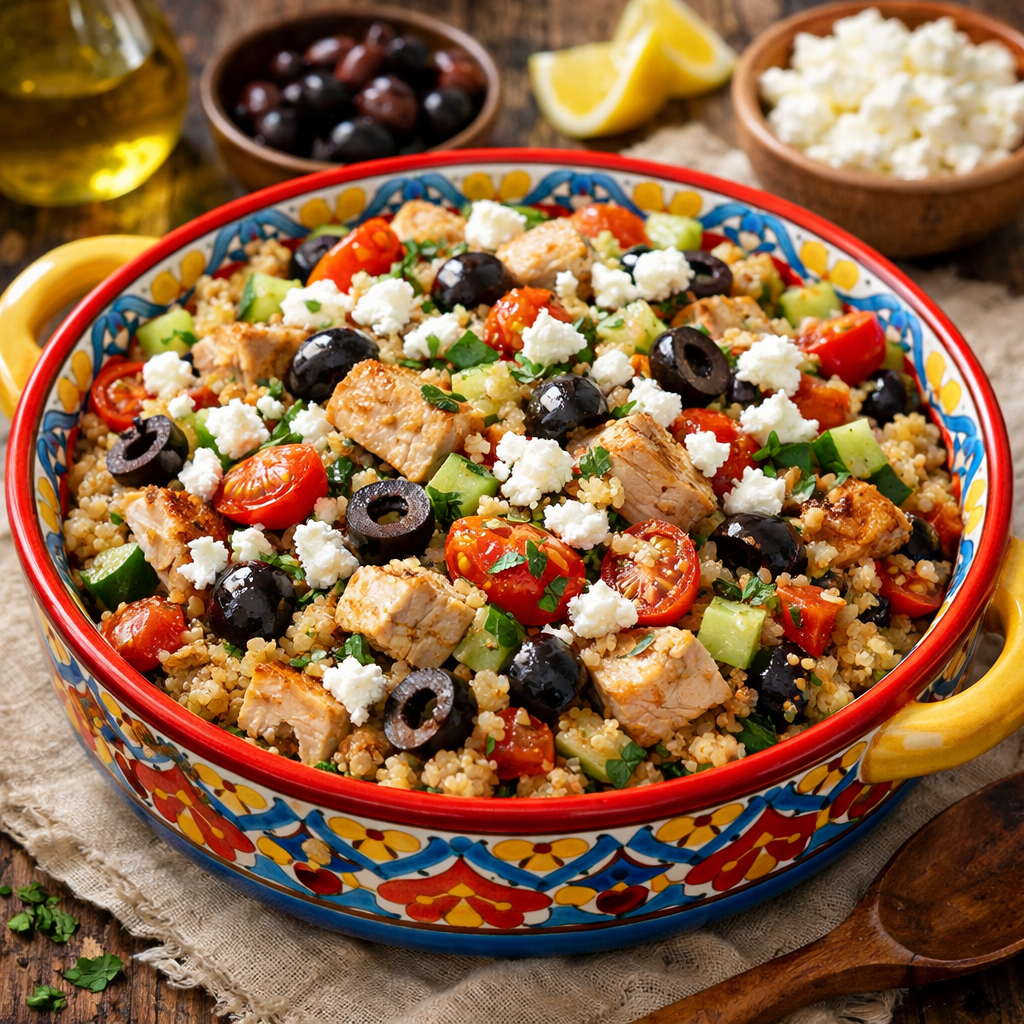 A colorful Mediterranean turkey casserole featuring quinoa, cherry tomatoes, cucumber, olives, and feta cheese, presented in a decorative dish.