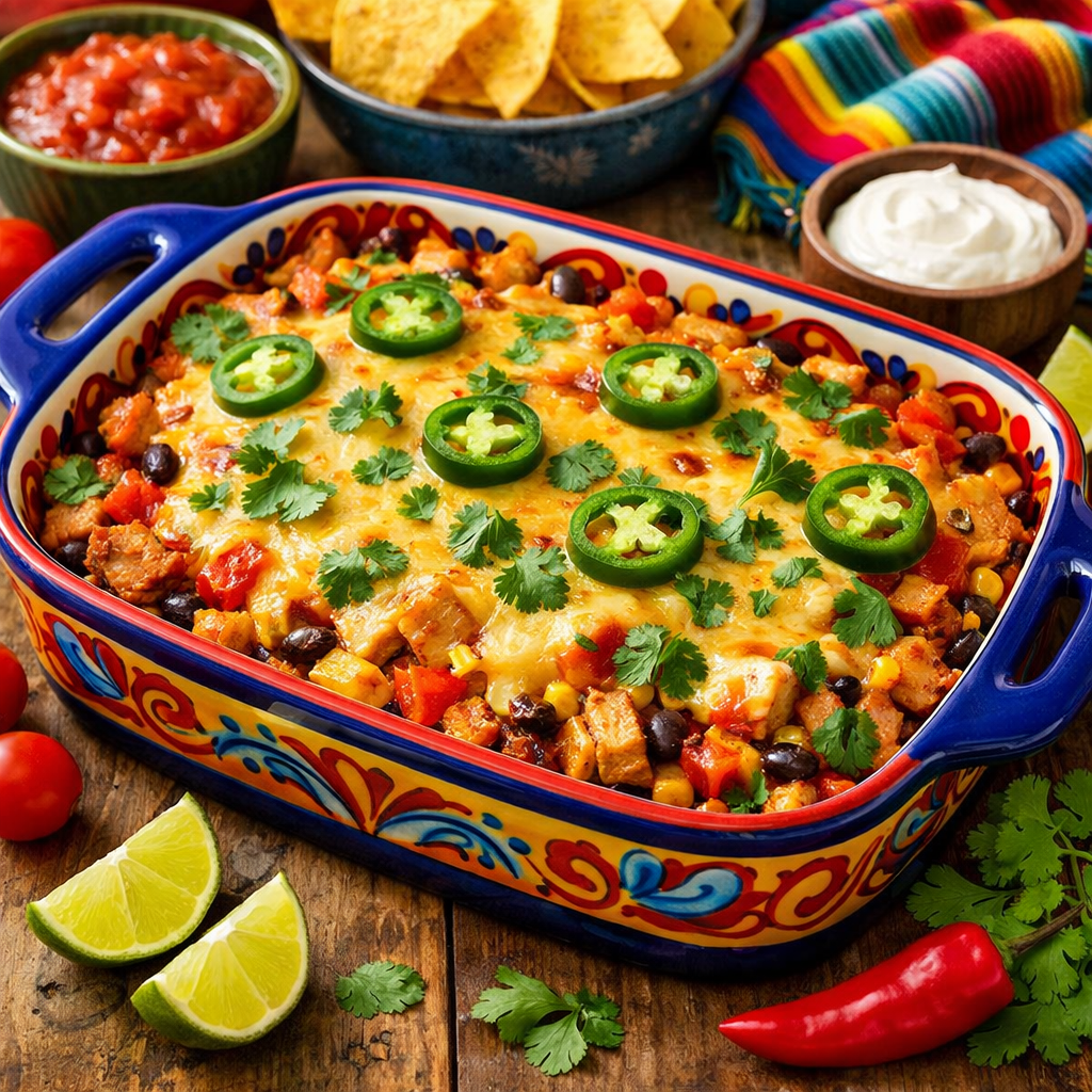 A colorful and delicious Mexican-inspired turkey casserole topped with jalapeños and cilantro, served with lime and tortilla chips.