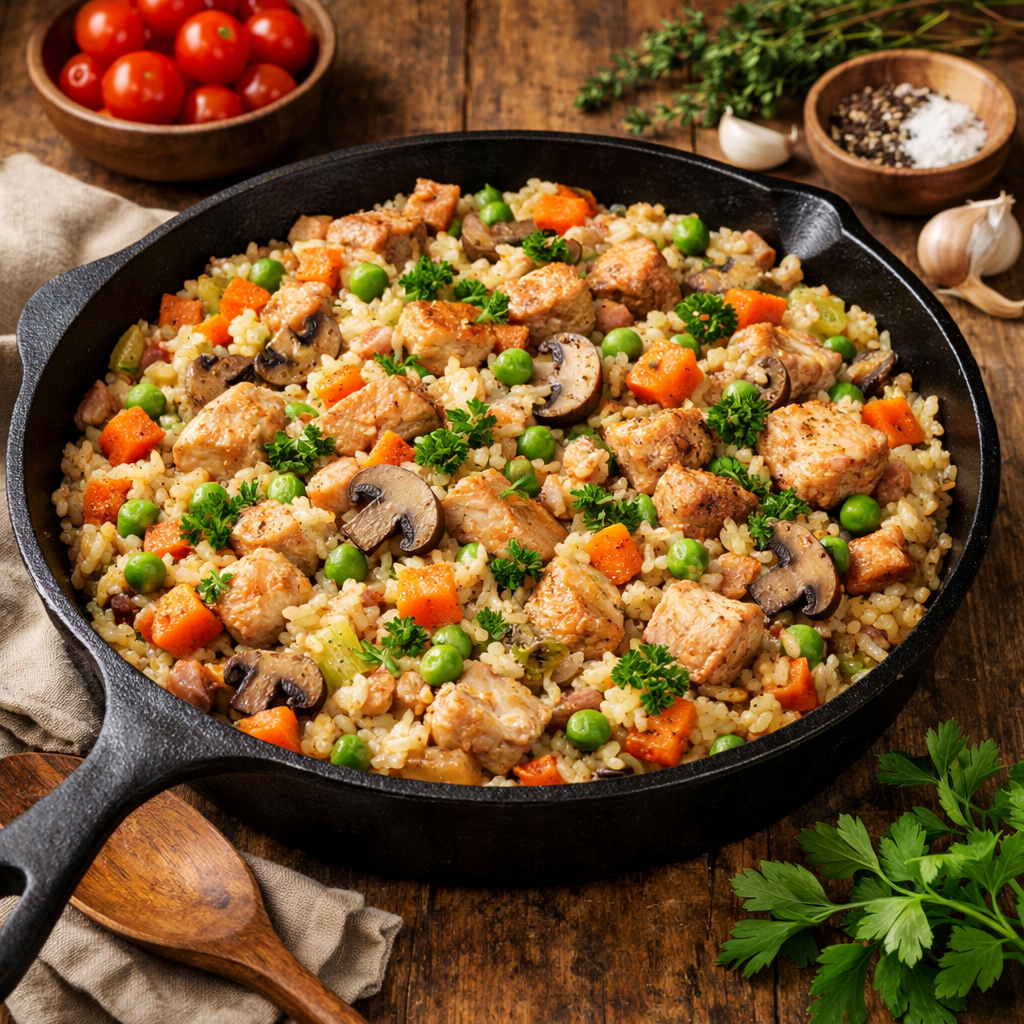 A skillet filled with a one-pot turkey and rice casserole, garnished with fresh herbs.