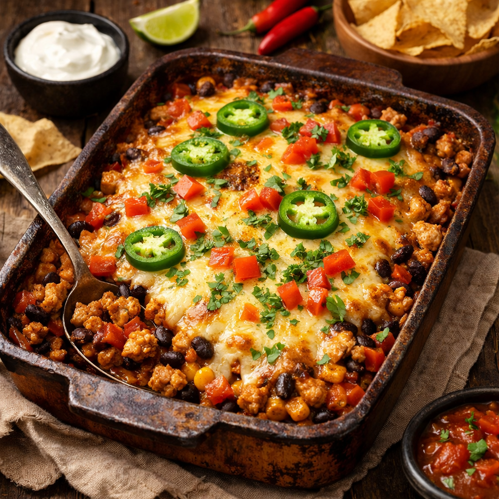 A delicious spicy turkey and black bean casserole topped with cheese, tomatoes, green onions, and jalapeños in a baking dish.