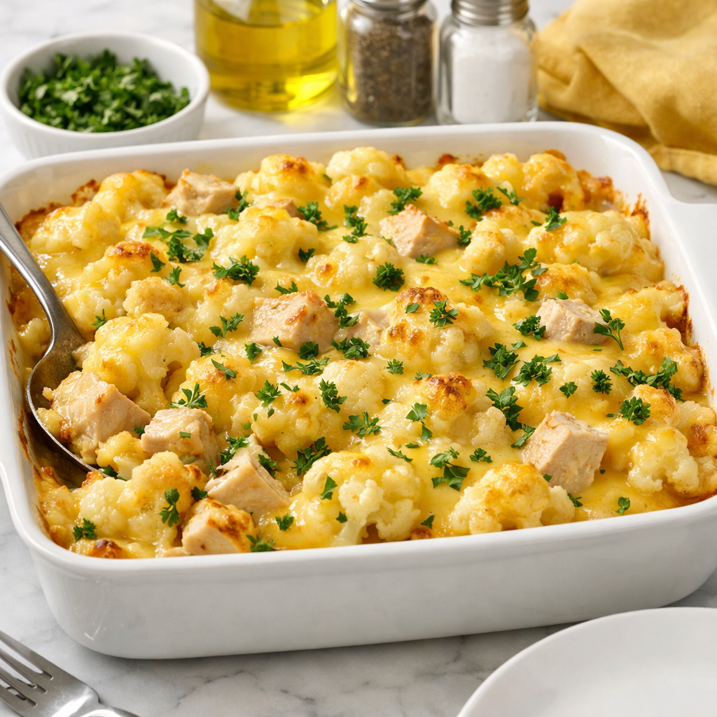 A delicious turkey and cauliflower bake topped with melted cheese and parsley, in a white baking dish.
