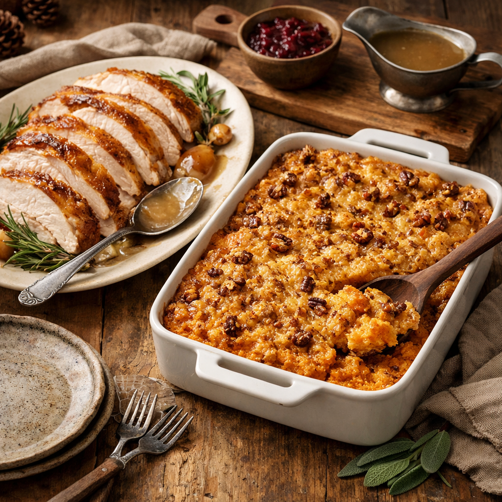 A delicious turkey and sweet potato comfort bake next to sliced turkey and gravy on a rustic wooden table.