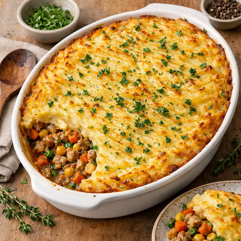 Delicious Turkey and Vegetable Shepherd's Pie topped with golden mashed potatoes and garnished with parsley.