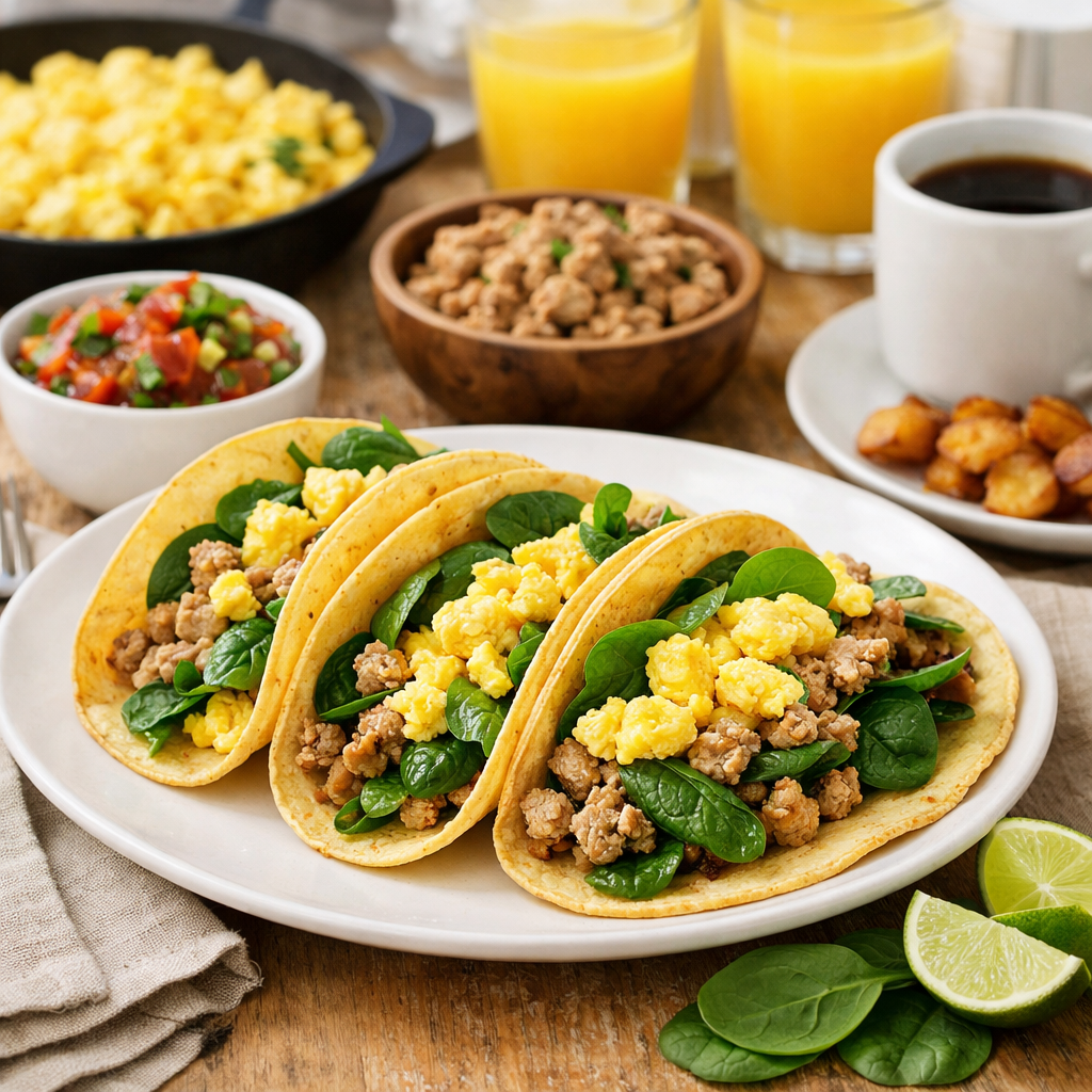 Breakfast turkey tacos with eggs and spinach on a plate.