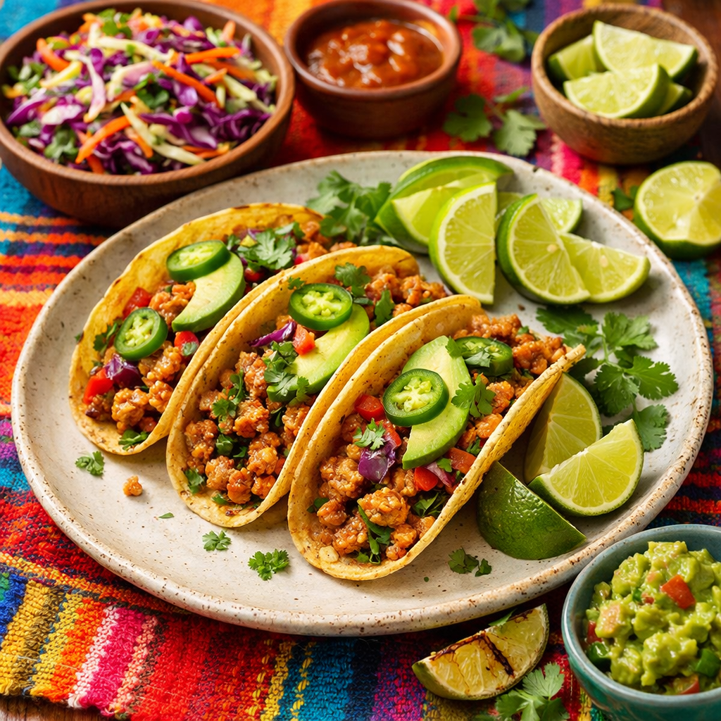 Chipotle lime turkey tacos on a plate with cabbage slaw and lime wedges