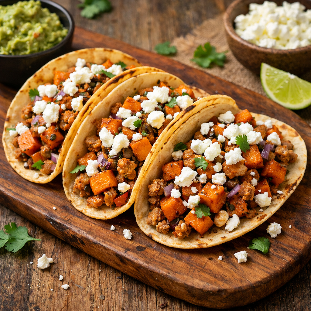 Sweet Potato and Turkey Tacos with Feta on a wooden board