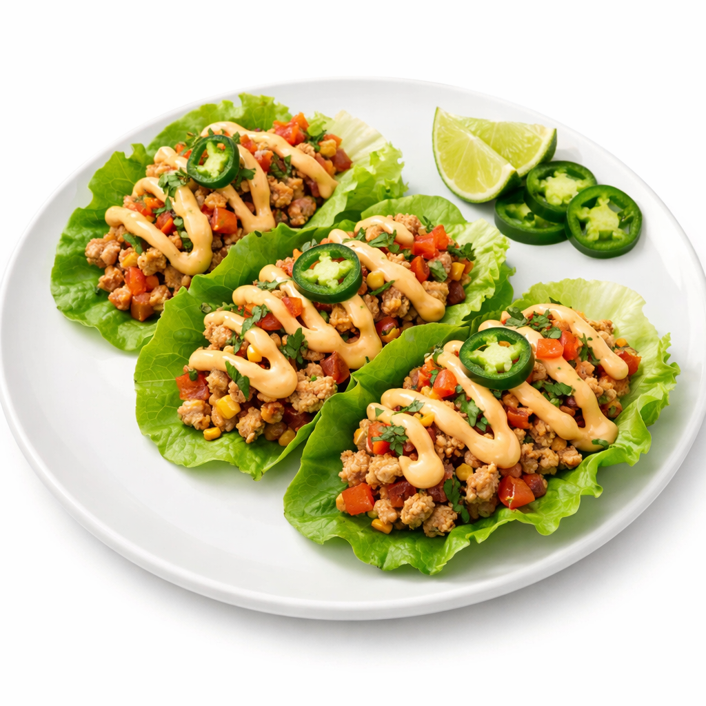 Plate of turkey taco lettuce wraps with spicy mayo, garnished with jalapeños and lime