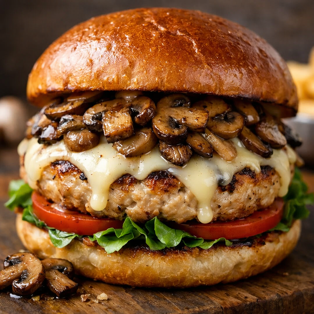 Close-up of a delicious Mushroom Swiss Turkey Burger.