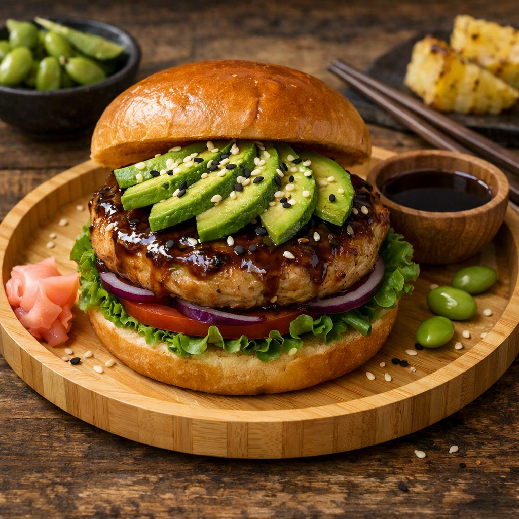 Teriyaki turkey burger topped with avocado, served with pickled ginger and edamame