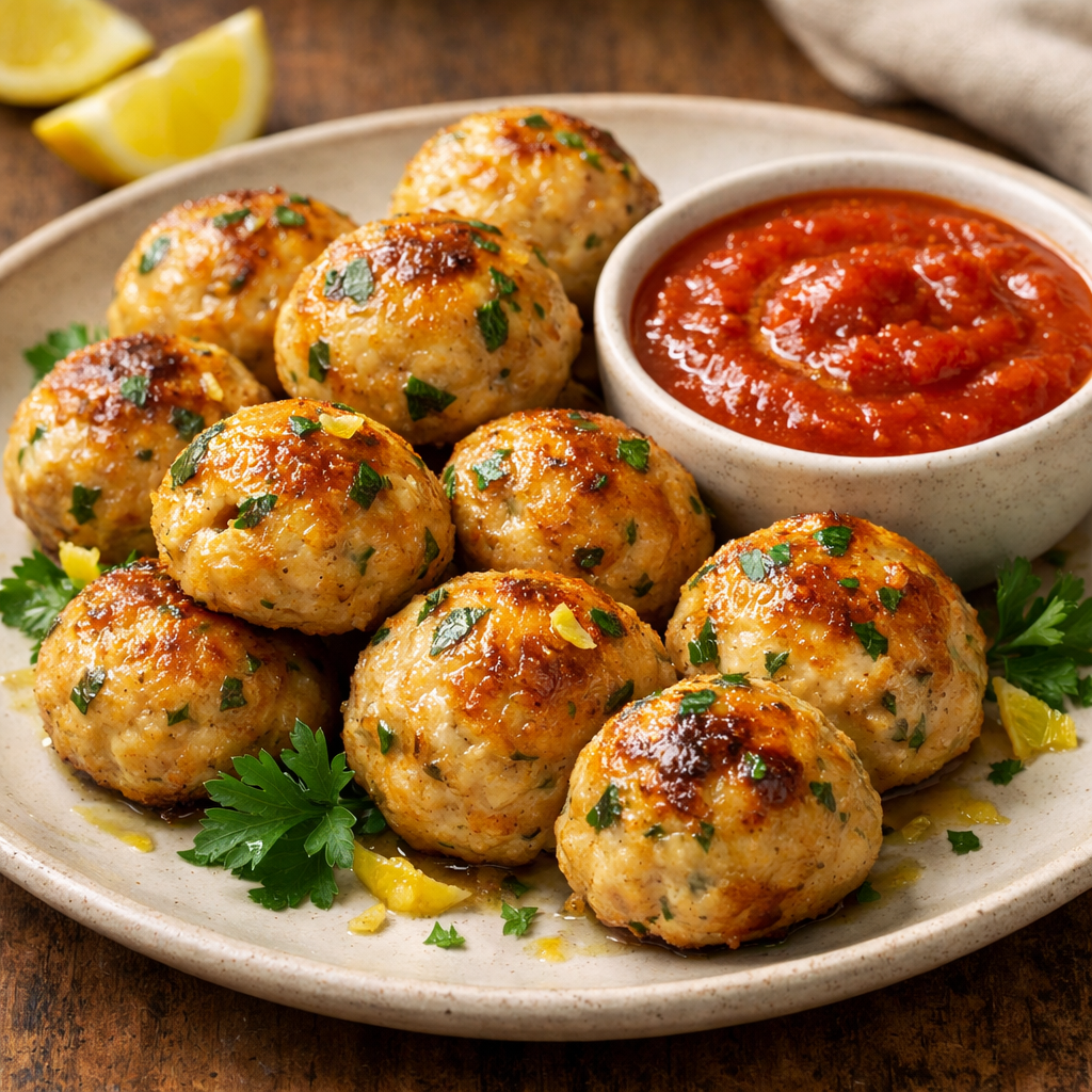 Plate of lemon herb turkey meatballs with marinara sauce