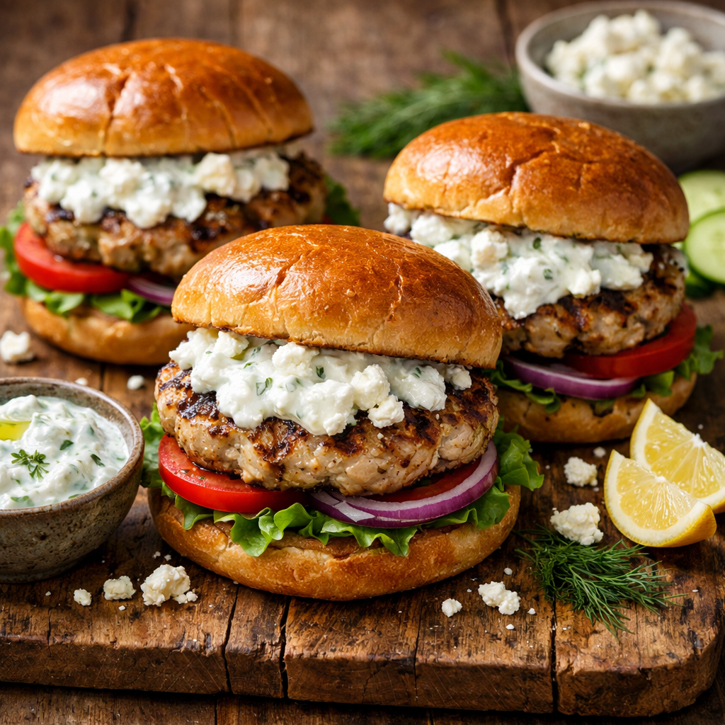 Mediterranean turkey burgers served with toppings and yogurt sauce on a wooden platter