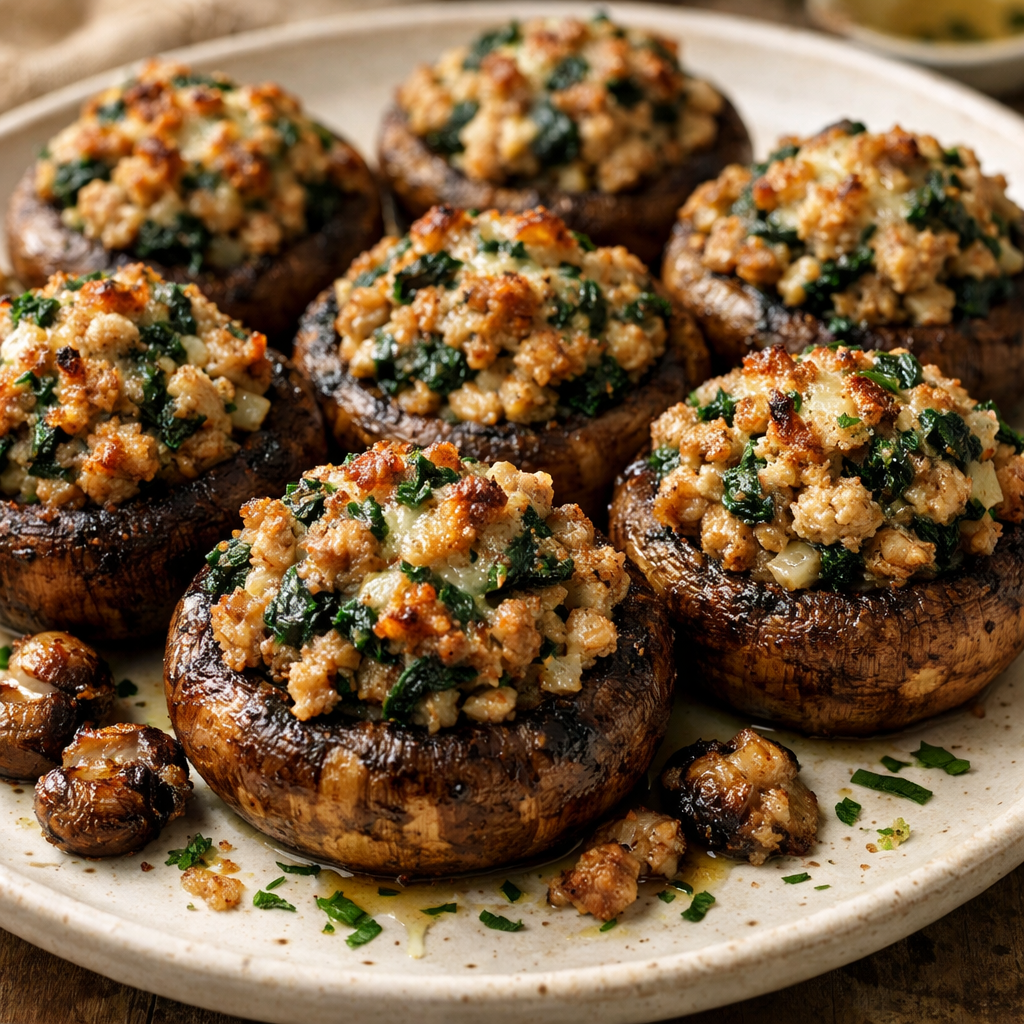 Delicious turkey and spinach stuffed mushrooms on a plate.