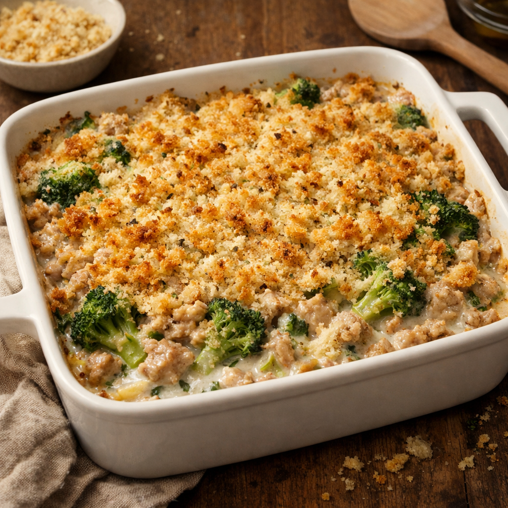 Creamy Turkey and Broccoli Casserole topped with crispy breadcrumbs in a white dish