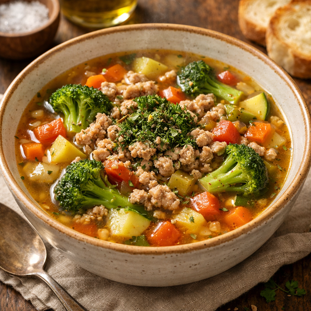 Bowl of ground turkey and broccoli soup with colorful vegetables