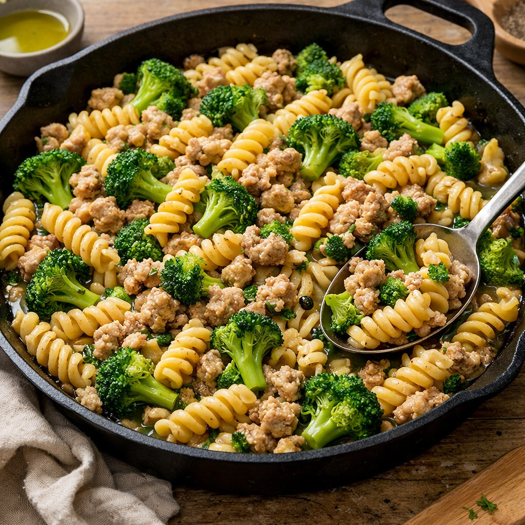 A skillet with rotini pasta, ground turkey, and broccoli.