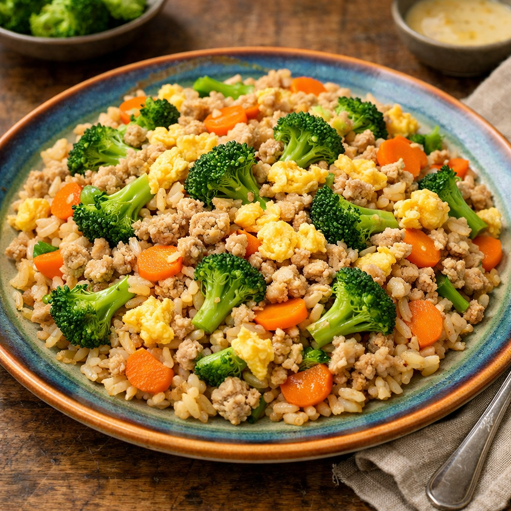 A vibrant plate of turkey and broccoli fried rice featuring ground turkey, broccoli, carrots, and scrambled eggs on a rustic wooden table.