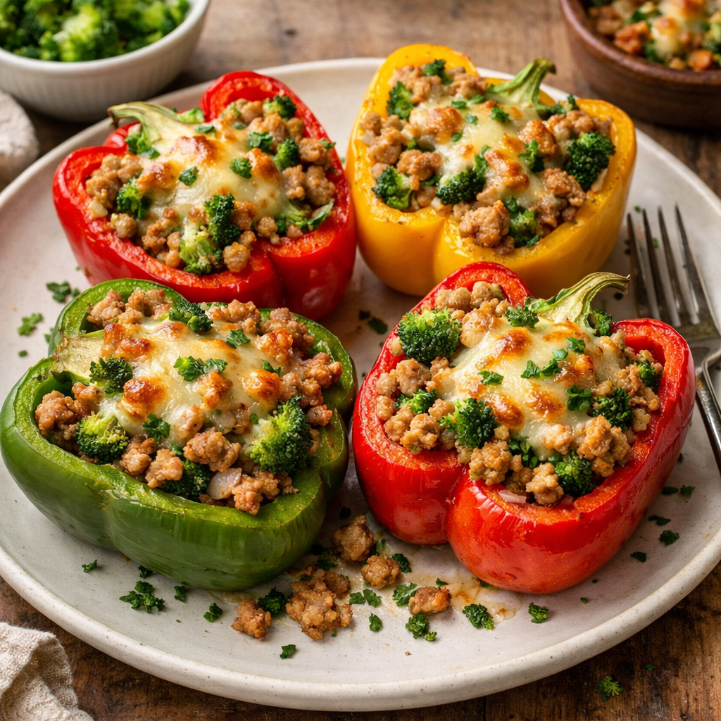 Turkey and broccoli stuffed bell peppers on a plate