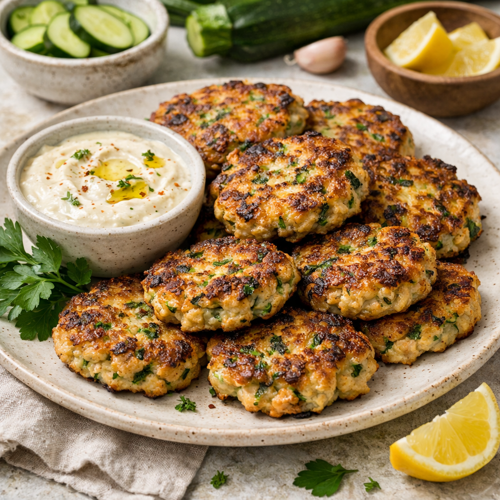 A platter of baked turkey and zucchini fritters served with a creamy dip, garnished with lemon slices and fresh herbs.