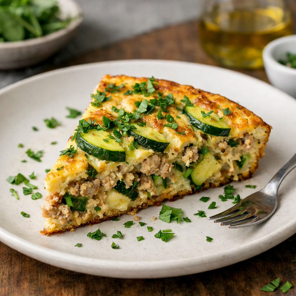 A slice of savory turkey and zucchini frittata garnished with parsley on a plate.