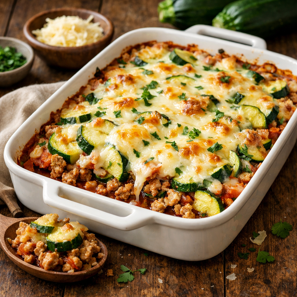 A delicious turkey and zucchini casserole topped with melted cheese, served in a white dish with a side portion on a wooden spoon.