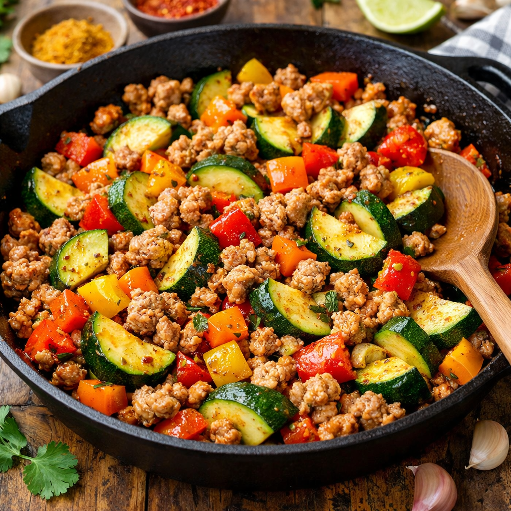 A skillet with stir-fried ground turkey, zucchini, and bell peppers.
