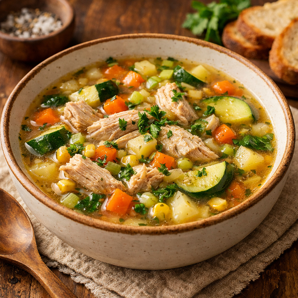 A bowl of turkey and zucchini soup with vibrant vegetables.