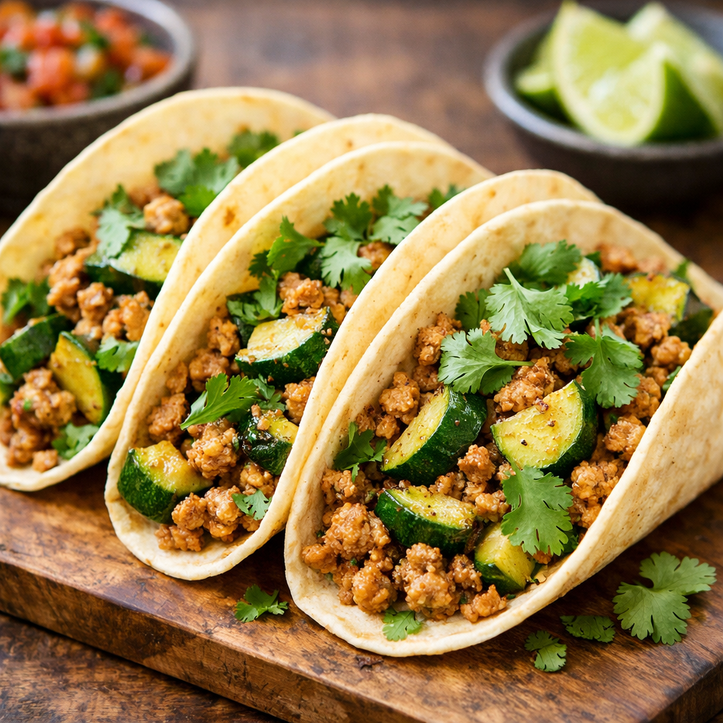 Zucchini and turkey tacos with cilantro and lime, served on a wooden board.