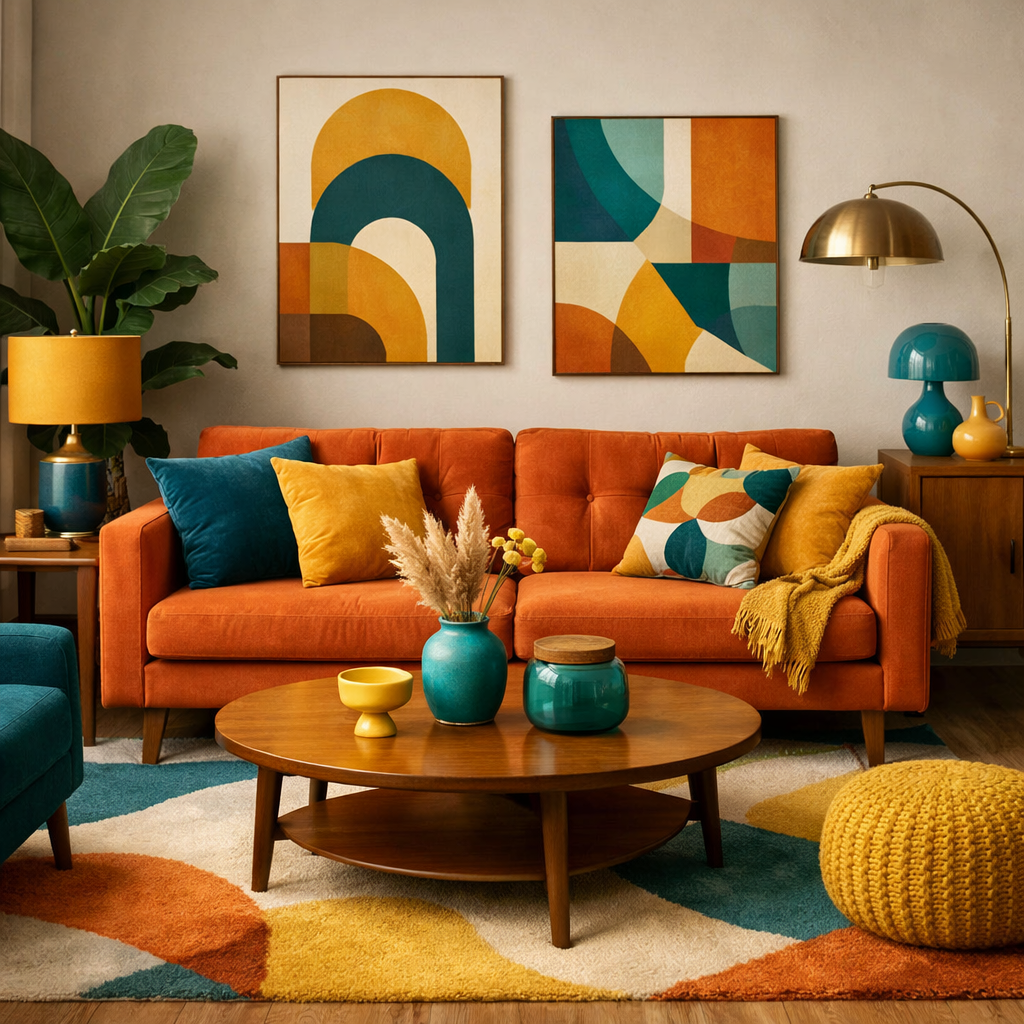 Stylish living room featuring a burnt orange couch with complementary colors.