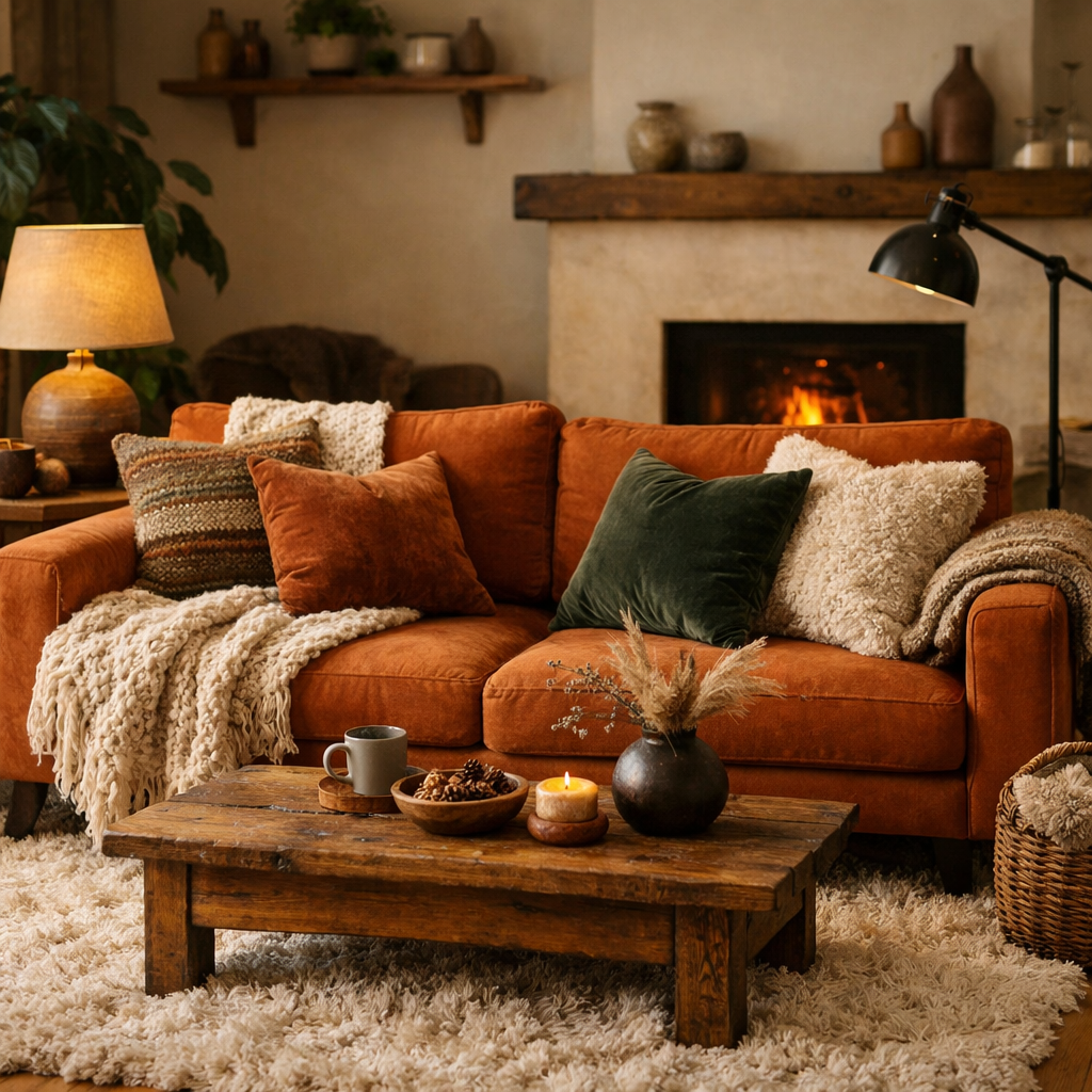 A cozy living room featuring a burnt orange couch with layered textures.