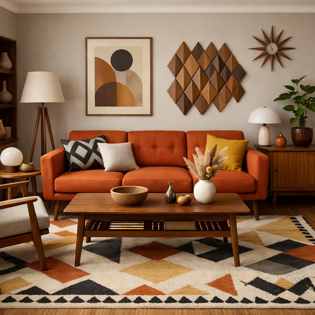 A cozy mid-century modern living room featuring a burnt orange couch, wooden furniture, and geometric decor.