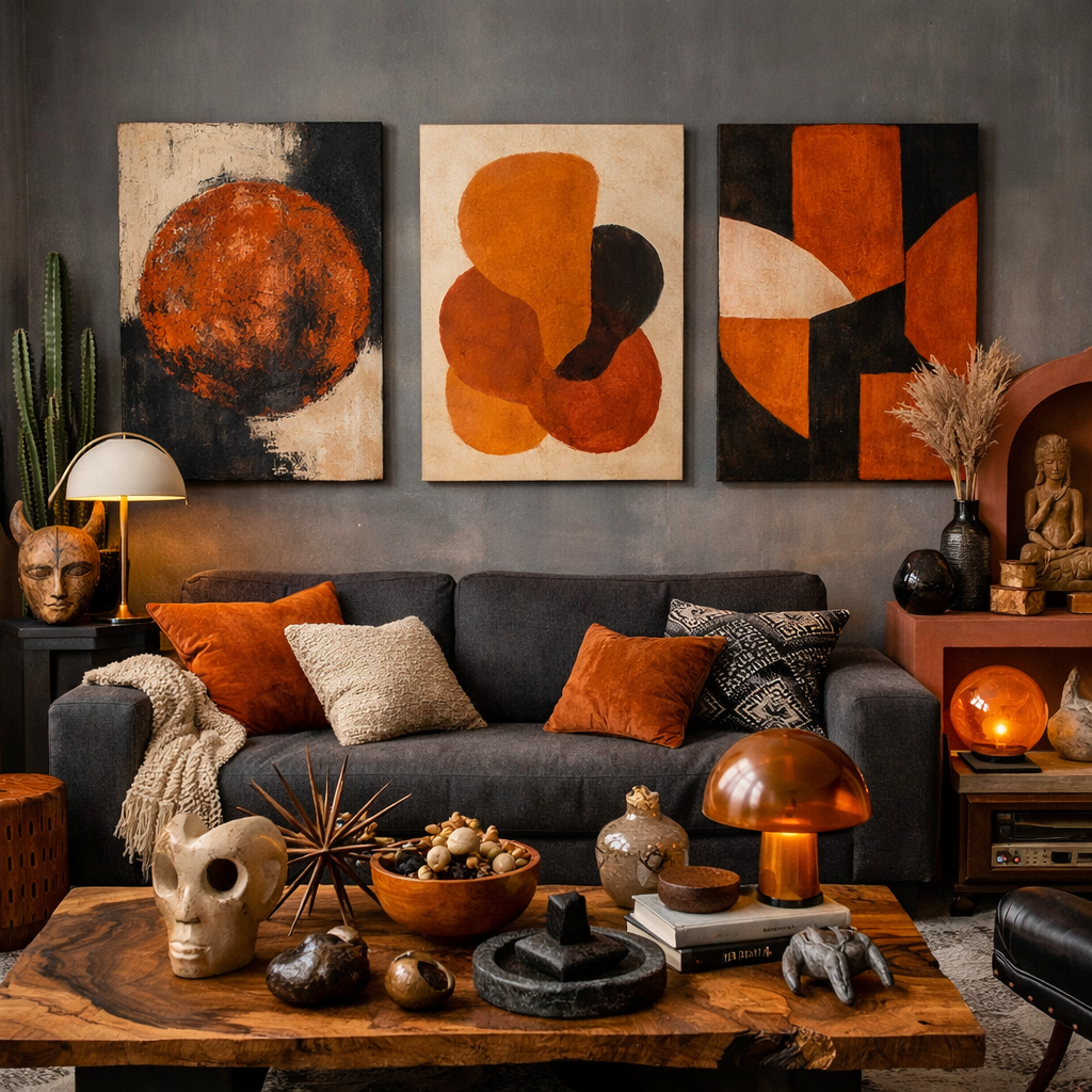 Artistic grey and burnt orange living room decor featuring abstract paintings, stylish accessories, and warm textures.