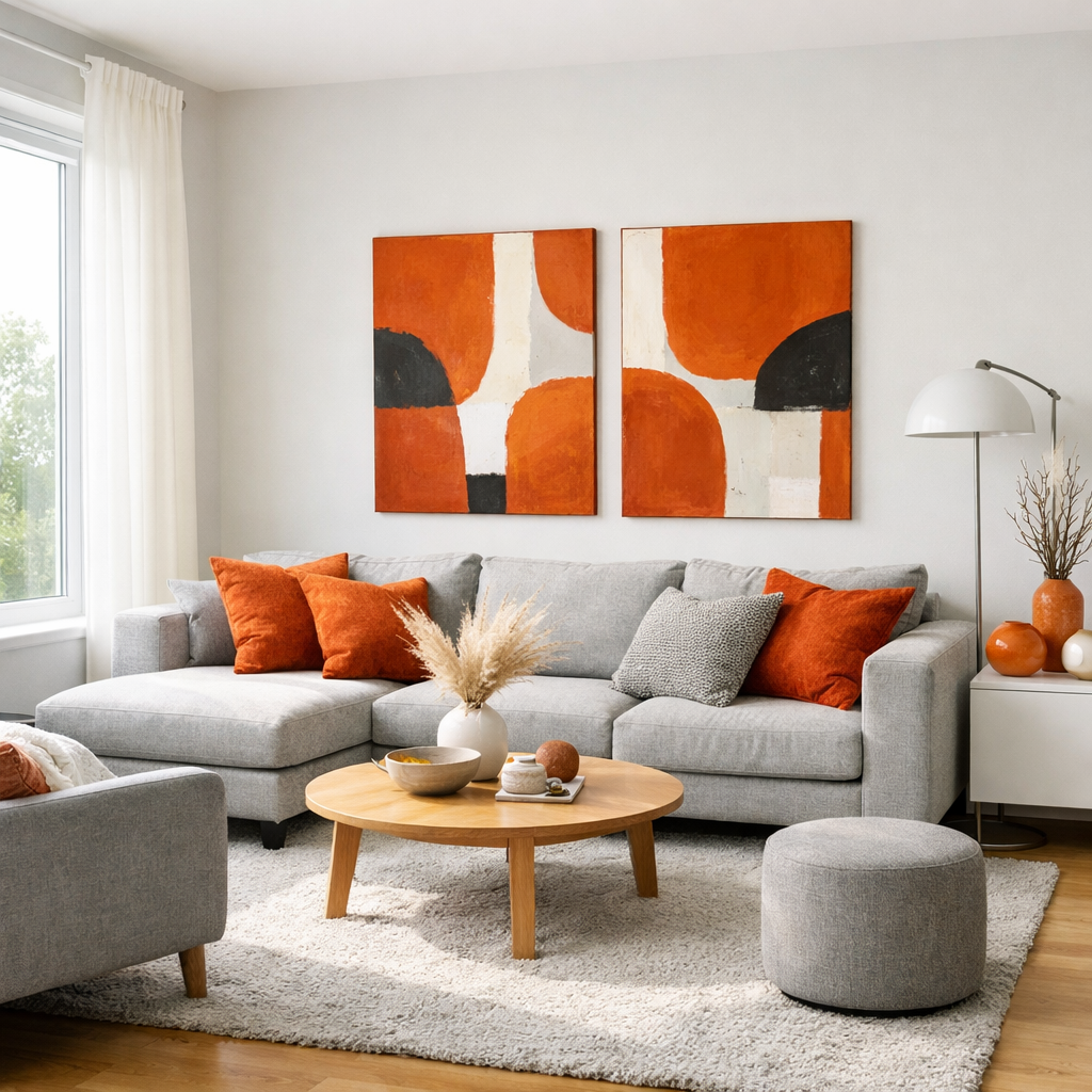 A bright living room featuring a grey sectional sofa with orange pillows, abstract orange artwork on the walls, and a round wooden coffee table.