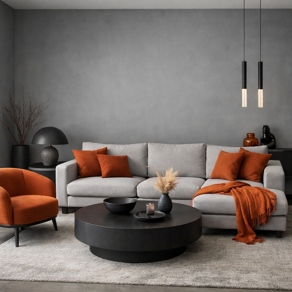 A modern minimalist living room featuring grey walls, a grey sofa with burnt orange accents, a black round coffee table, and tasteful decor