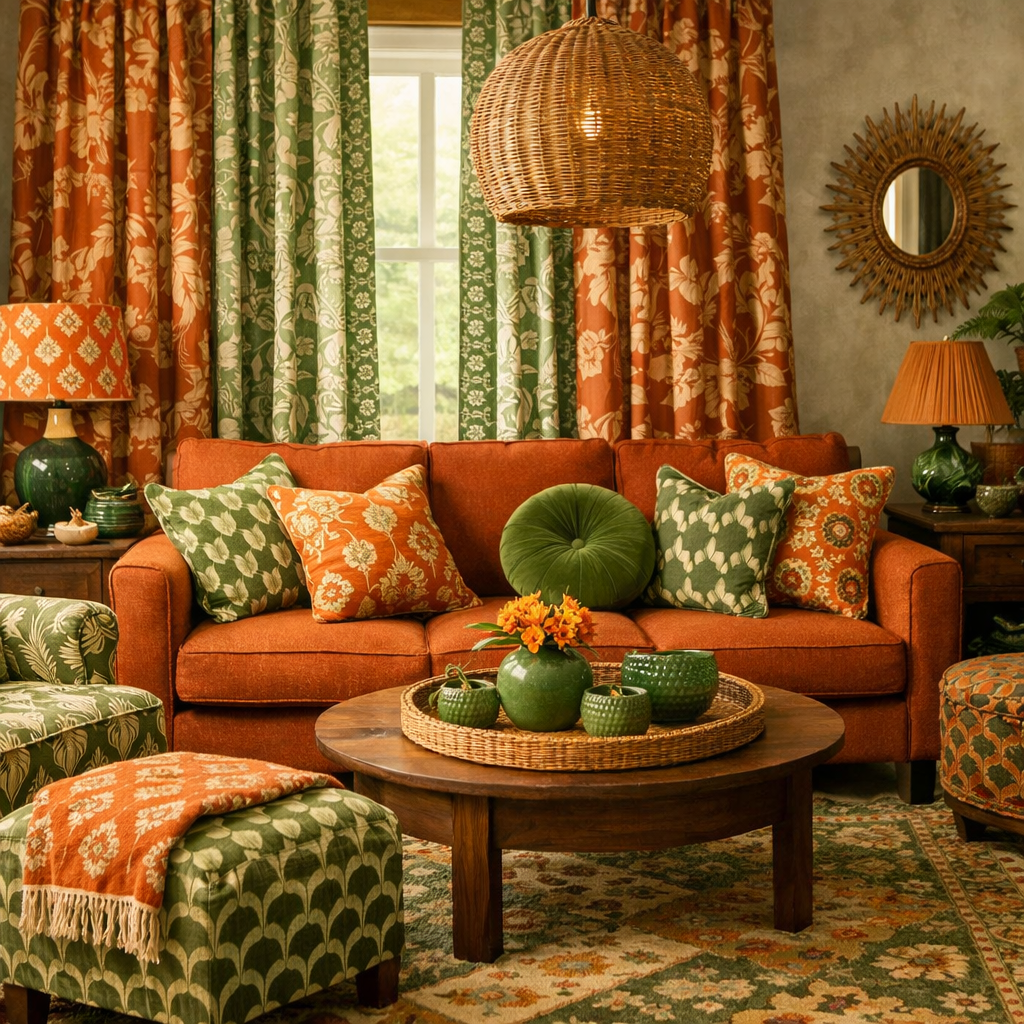 A vibrant living room featuring burnt orange and green decor with mixed patterns.