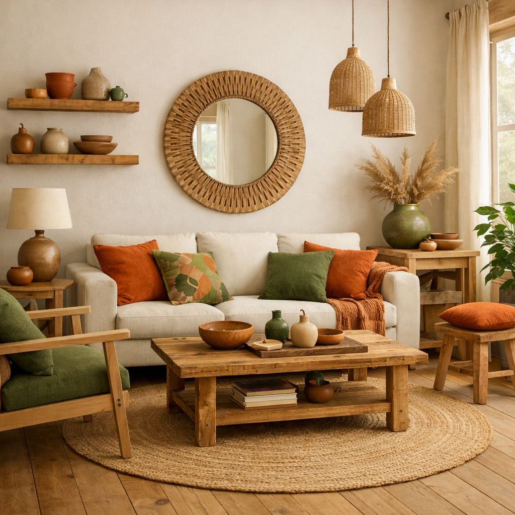 A cozy living room featuring burnt orange and green decor with natural wood elements.